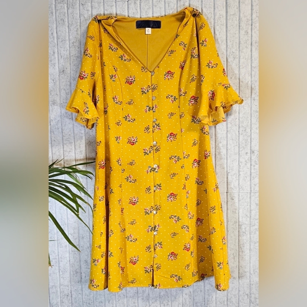 Blue Rain Yellow Floral Button Front Midi Dress Medium